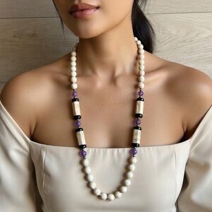 Riverstone and Amethyst Praying Mala Necklace, 30”